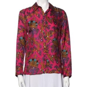 Sandro Pink and Brown Long Sleeve Notched Collar Blouse